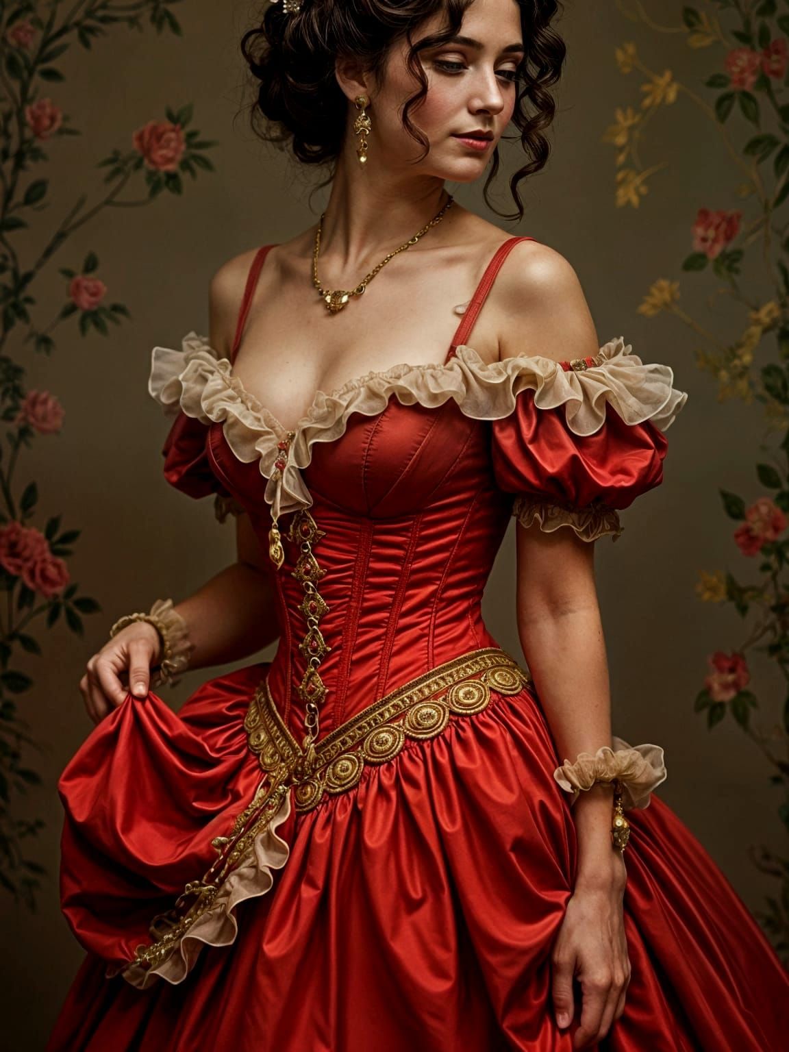 Victorian Courtesan in Red Dress with Gold Accents
