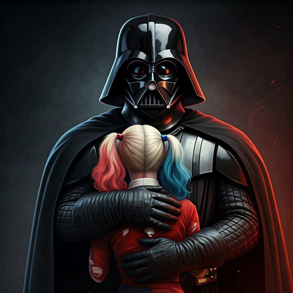 Darth Vader Embraces Harley Quinn: Cinematic Film Still