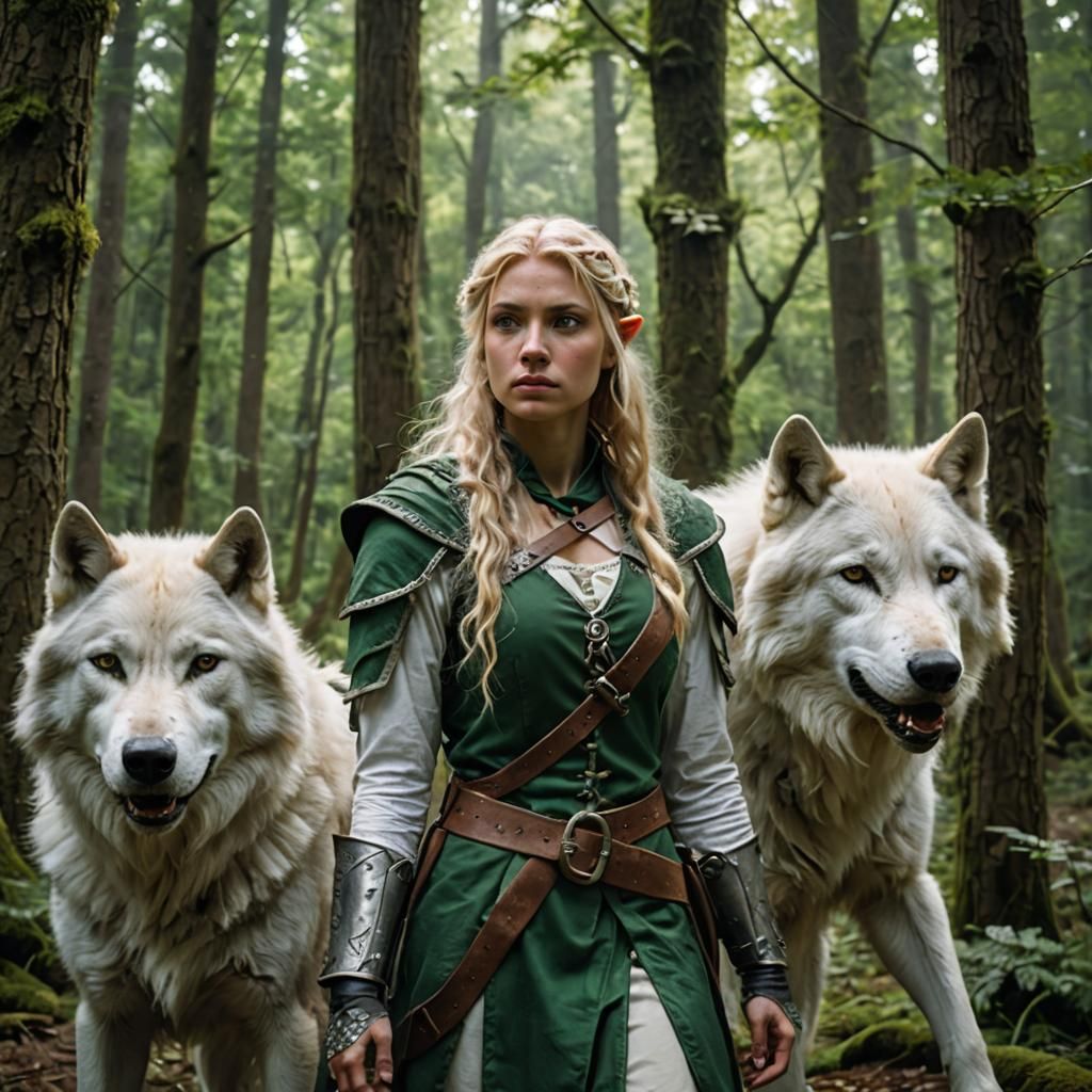 Half-Elf Ranger and White Wolf in Forest