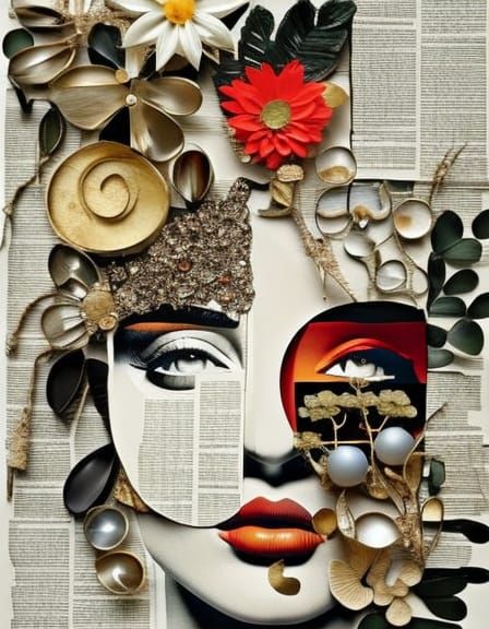 Girl Portrait in Magazine Collage Style, Cubist Art