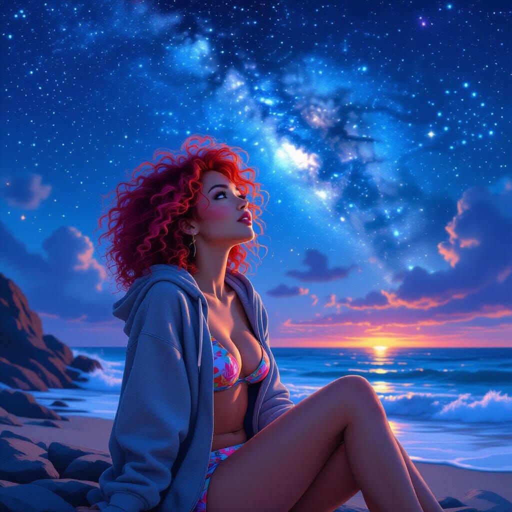 Woman Gazing at Stars on Rocky Shore: Photorealistic