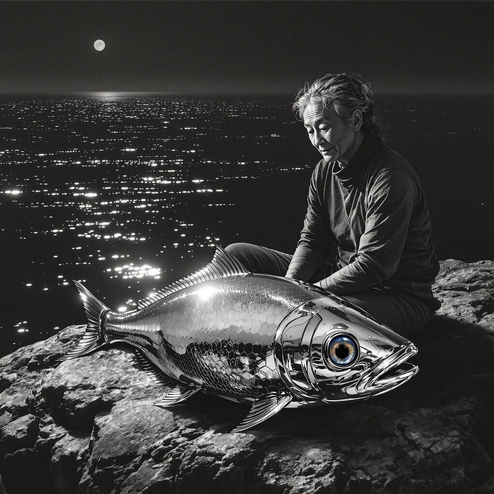 Japanese Diver and Metallic Fish in Digital Mezzotint