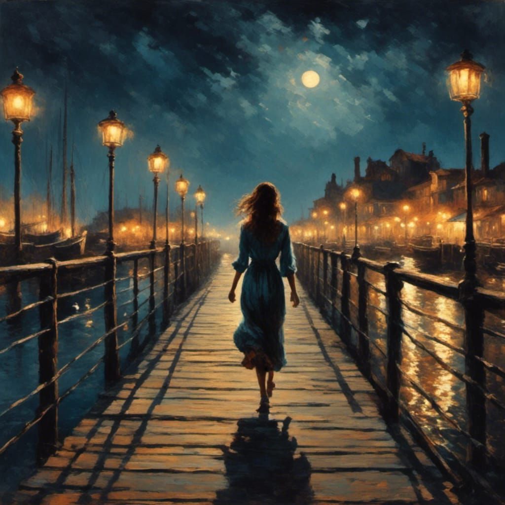 Woman Walks on Pier at Night in Clair Obscur
