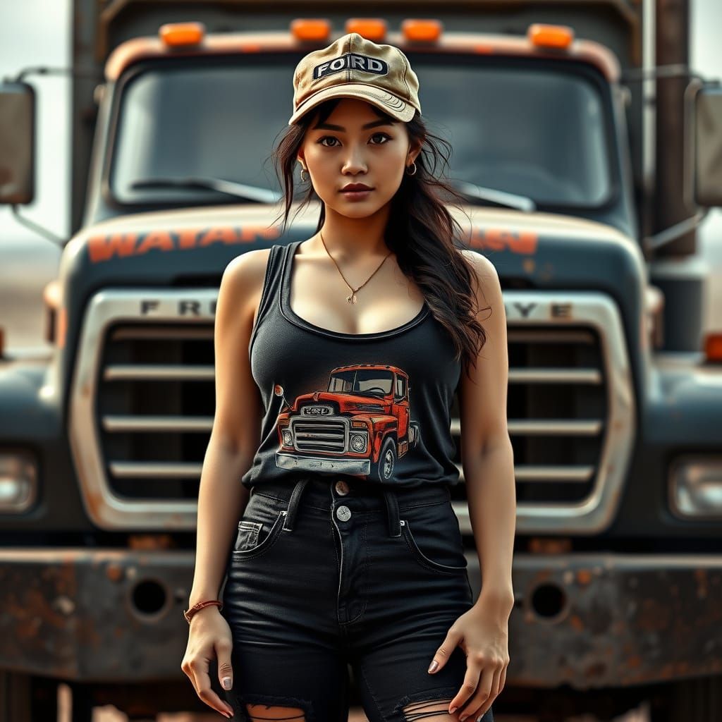 Asian Woman Trucker in 70s Style