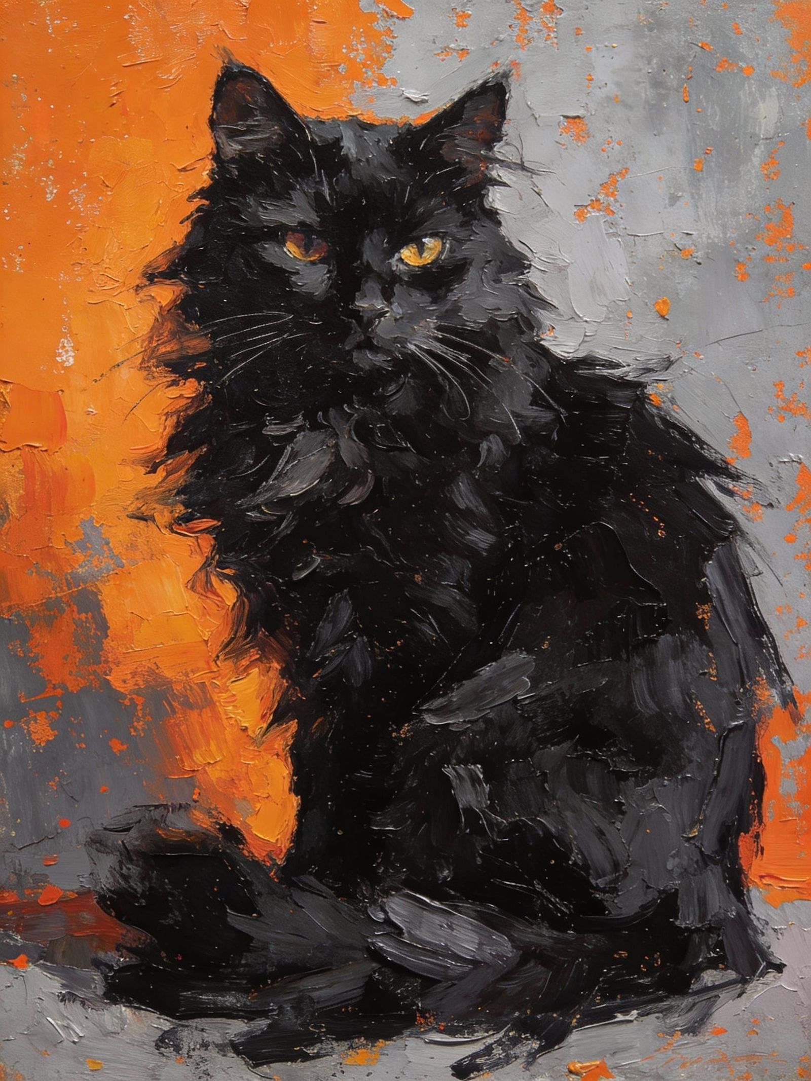 Black Cat Painting with Textured Acrylic Strokes