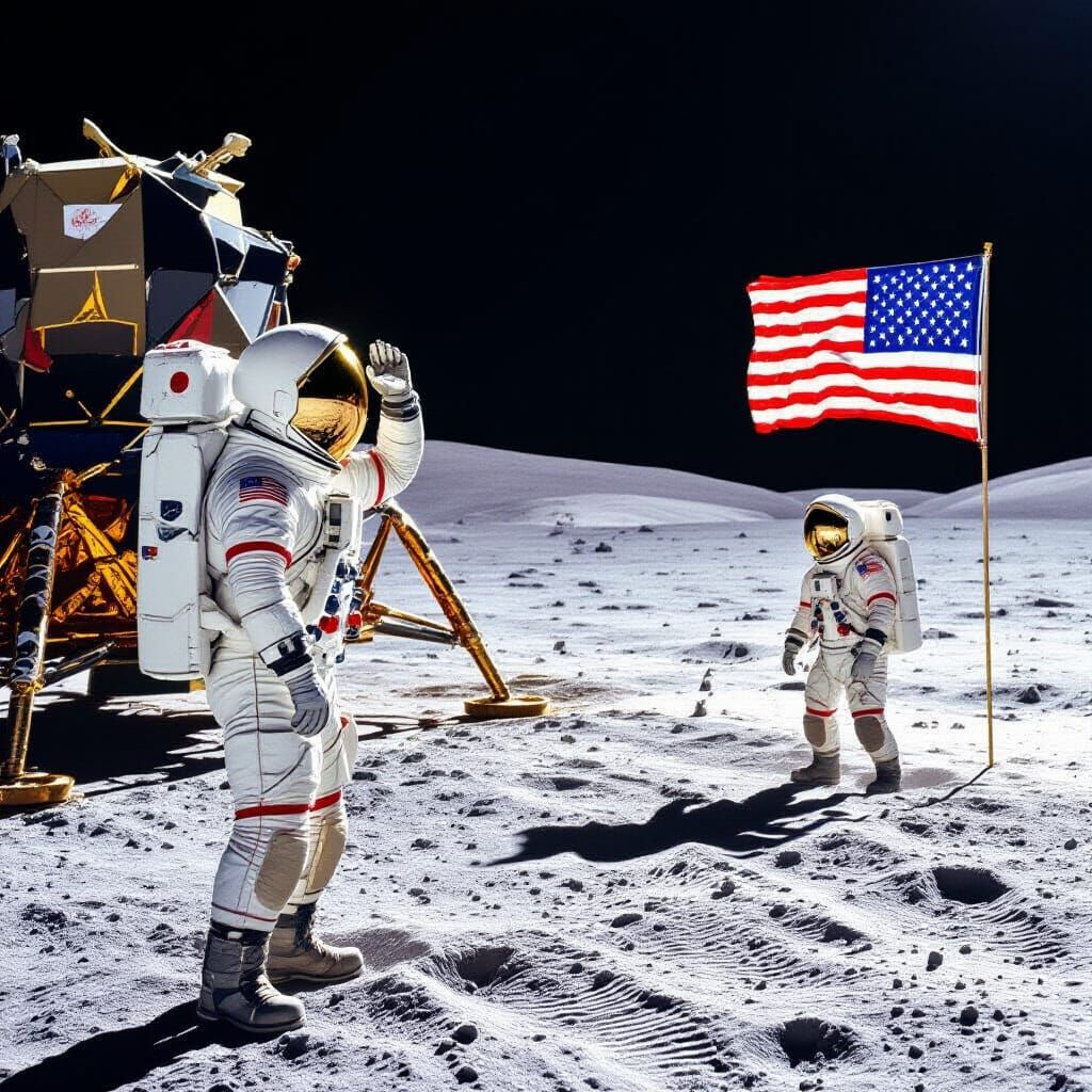 Astronaut Salutes on Moon with Lunar Module and Flag