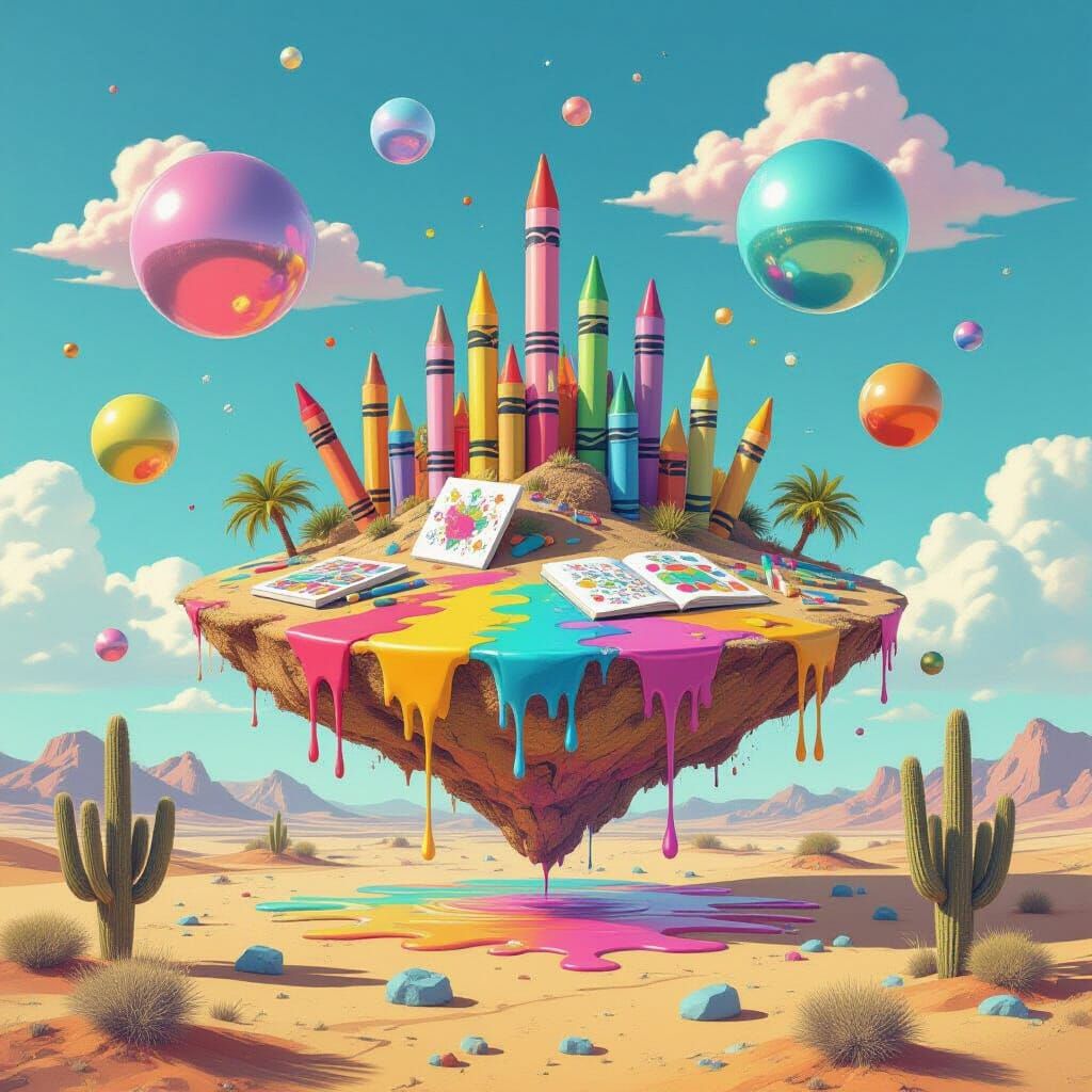 Floating Crayon Island with Pastel Spheres in Graffiti Art