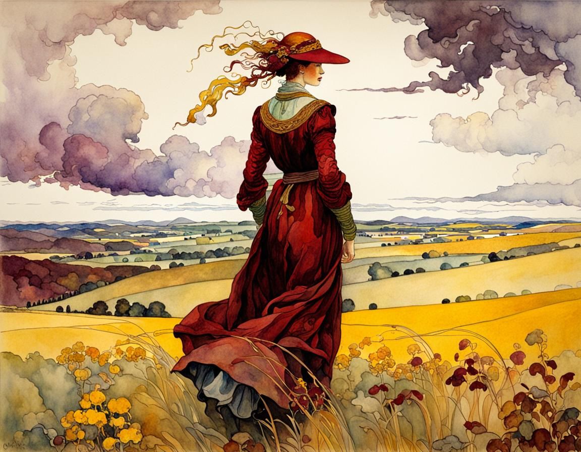 Woman in Burgundy and Yellow Autumn Storm Landscape