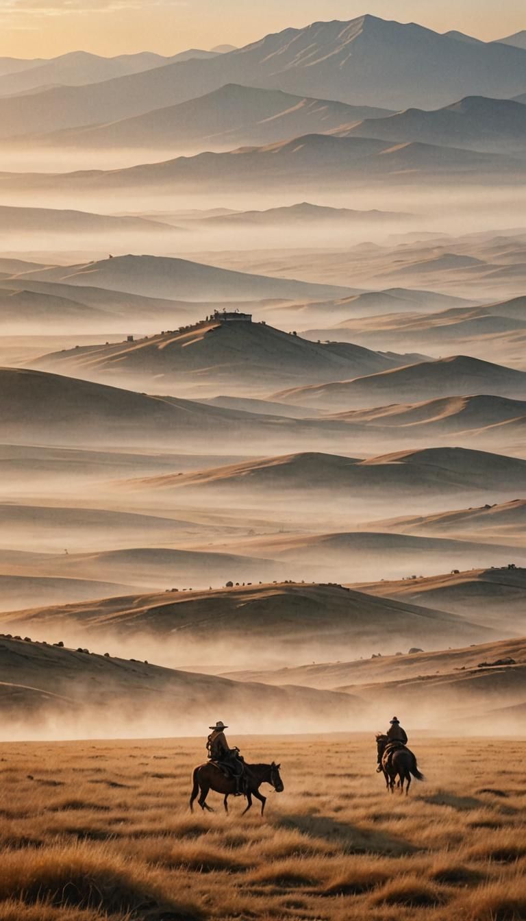 Mongolian Steppe Sunrise in Watercolor Style