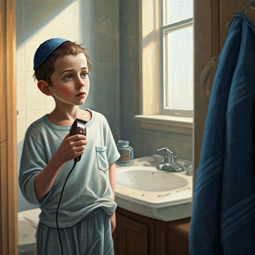 Young Hasidic Boy Shaves Payot with Hair Clippers
