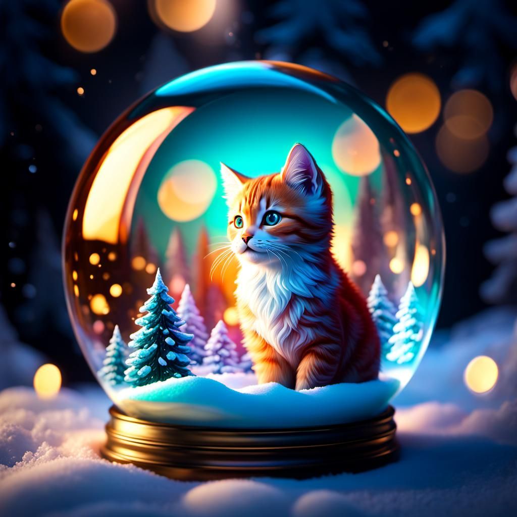 Kitten's Winter Wonderland Inside Blown Glass Snow Globe