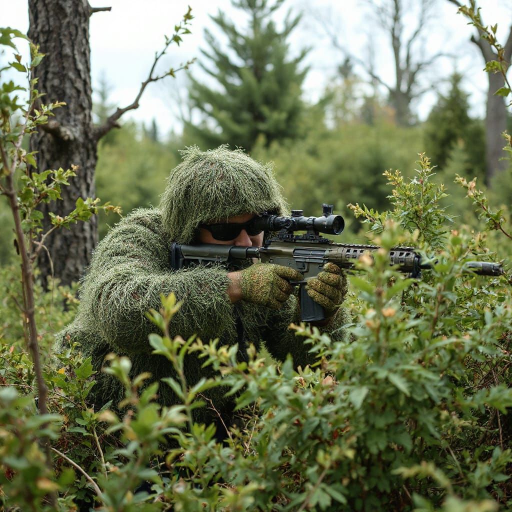 Ghillie Suit Sniper Hidden in Bushes