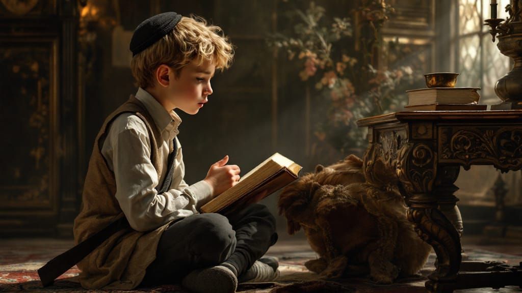 Boy Praying at Antique Table, Detailed Matte Painting
