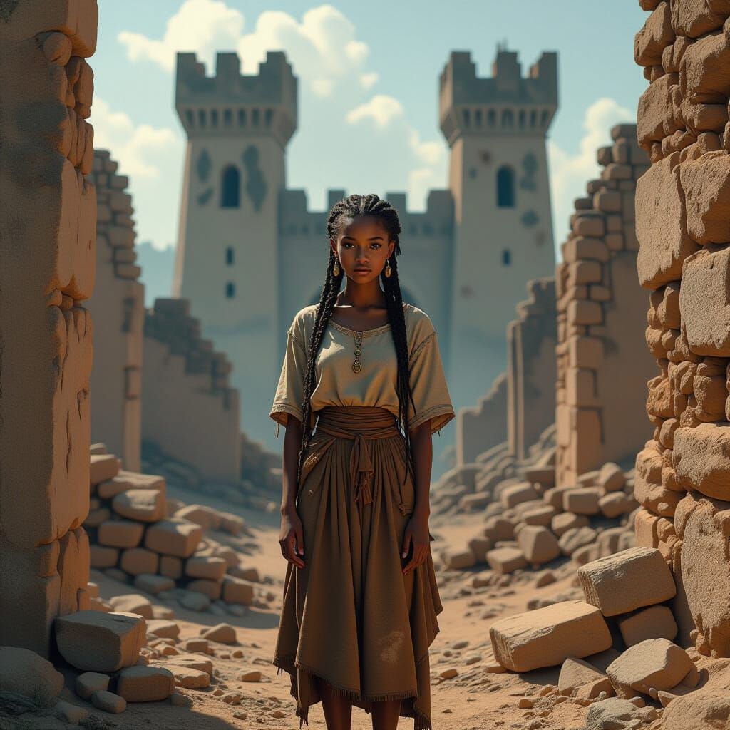 Mystical African Girl in Ancient Ruins: Digital Art