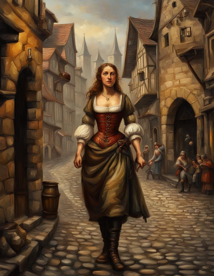 Wench in Medieval City as Oil Painting