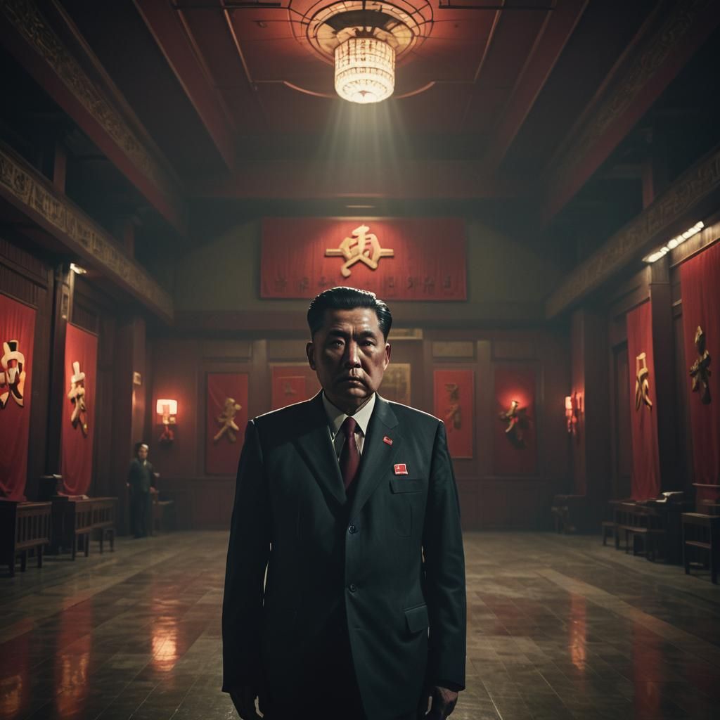Dramatic Portrait of a Stern Leader in a Grand Hall