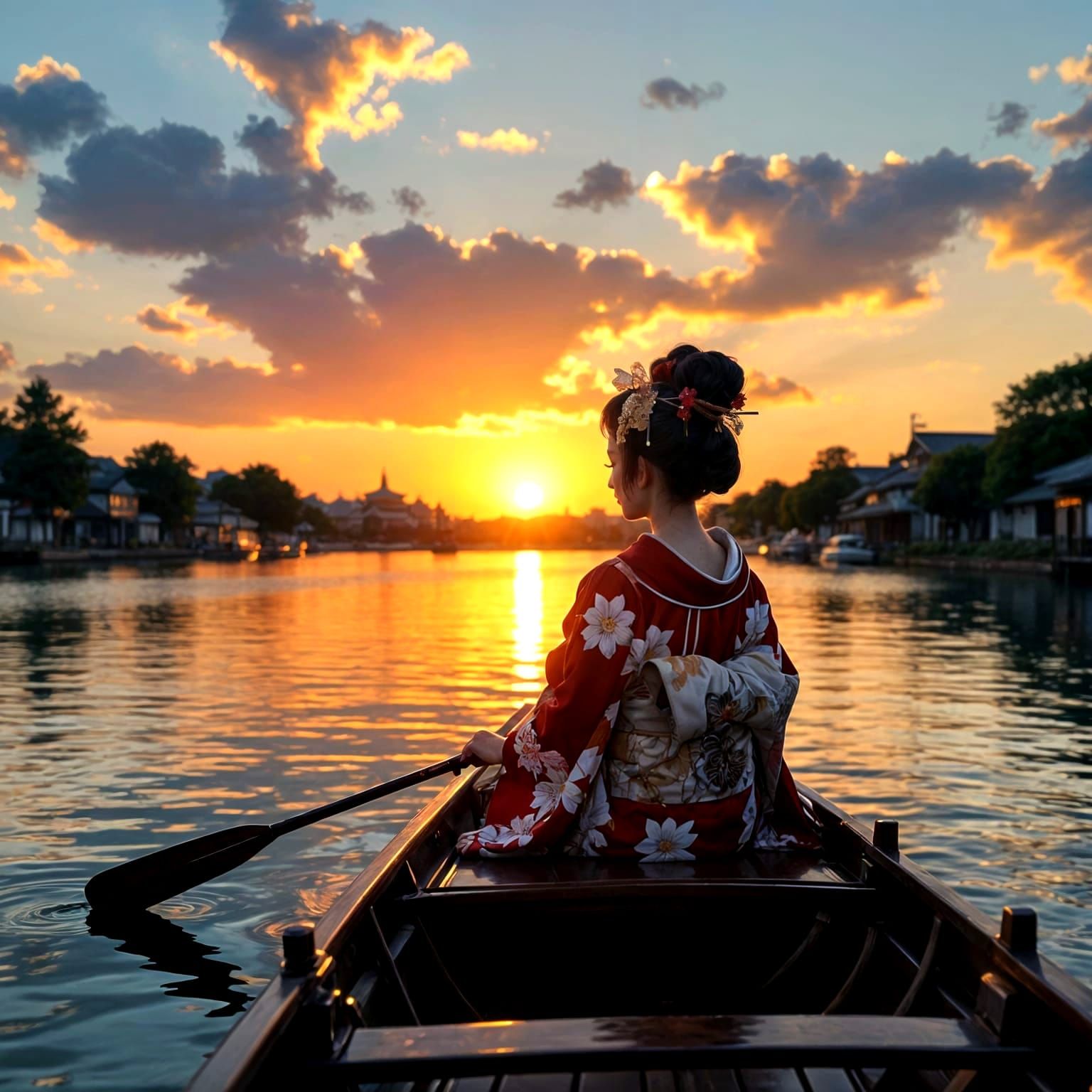Geisha Watching Golden Hour Sunset from Boat