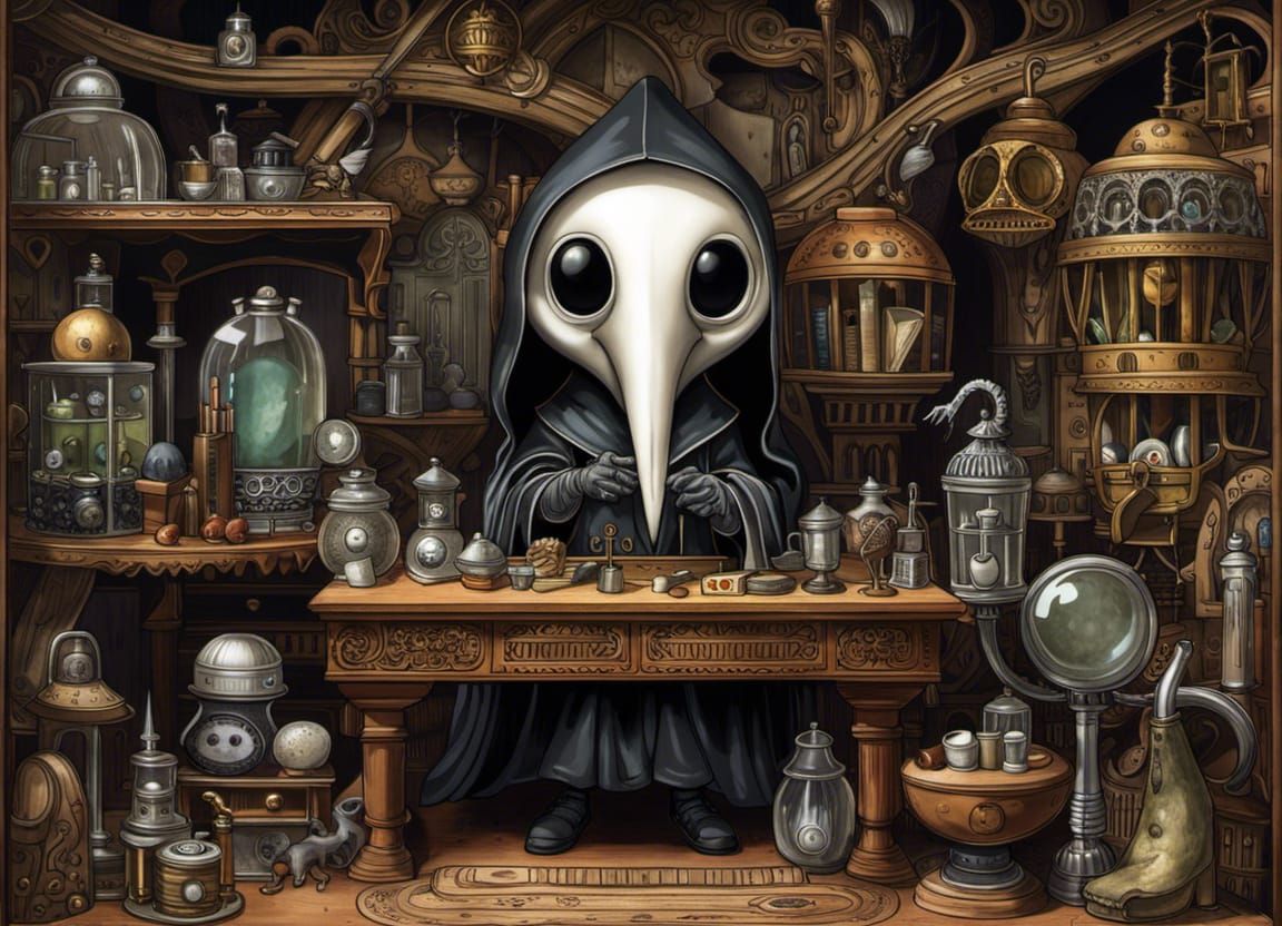 Chibi Plague Doctor Ghost in Surrealist Lab