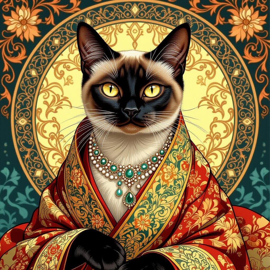 Siamese Cat in Royal Silks, Art Nouveau Style