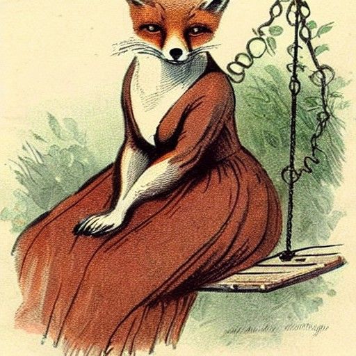 Fox in Gown on Swing, Vintage Illustration
