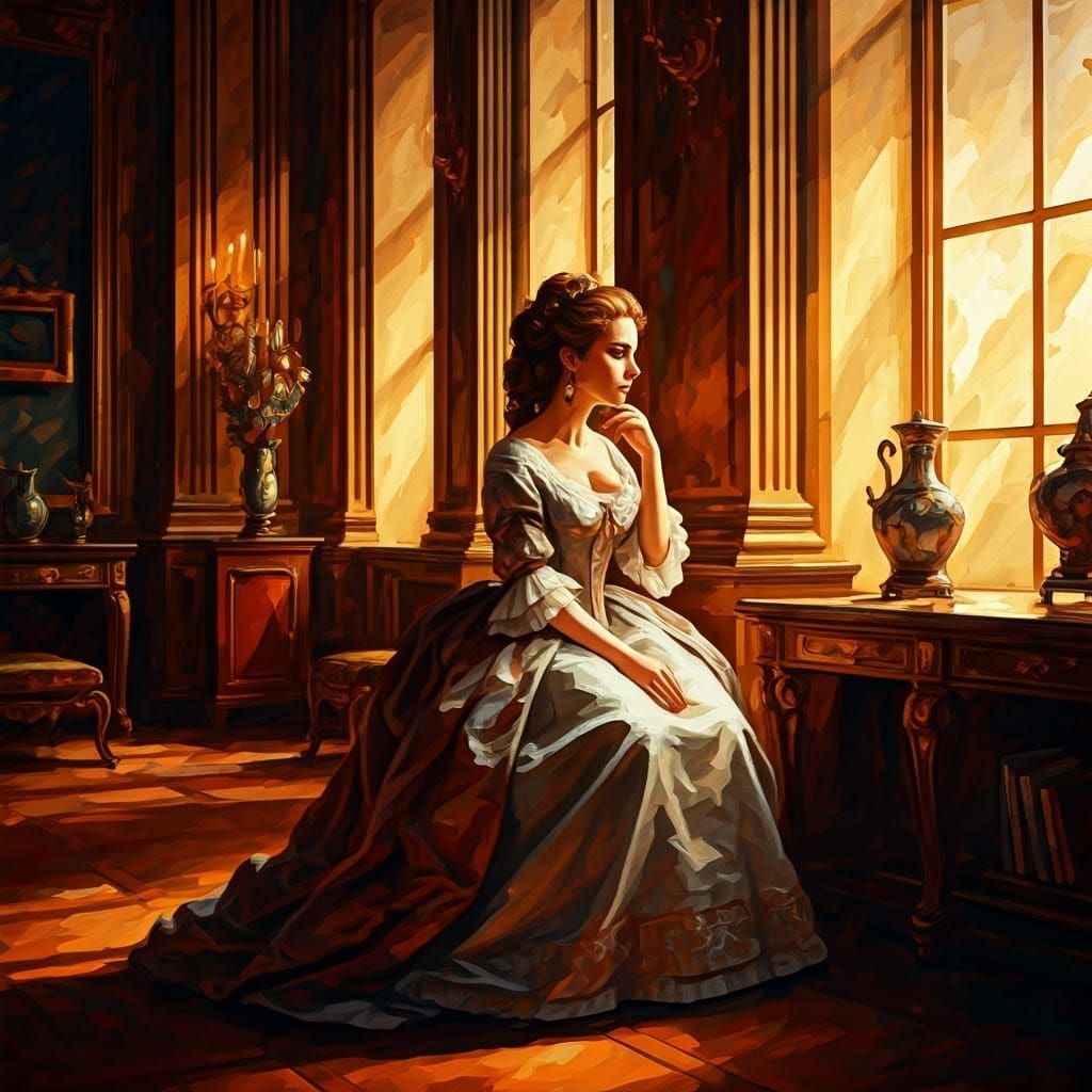 Pensive Woman in Ornate Room, Gouache Style
