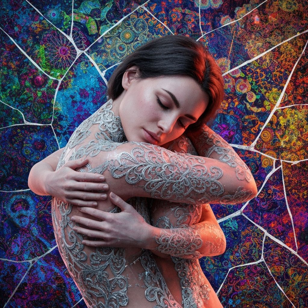 Surreal Bioluminescent Woman With Silver Filigree and Cracke...