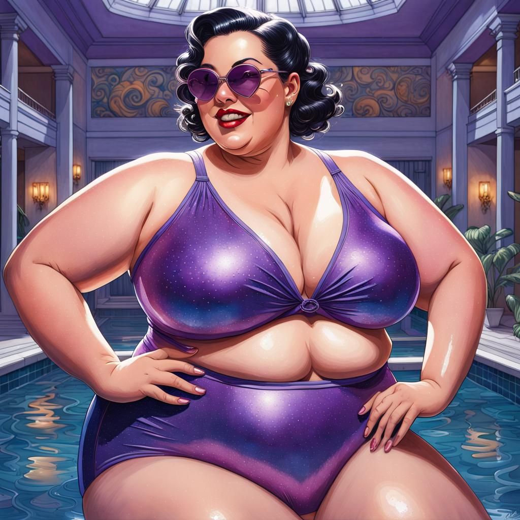 Glistening Curvy Woman in Sparkling Violet Swimsuit
