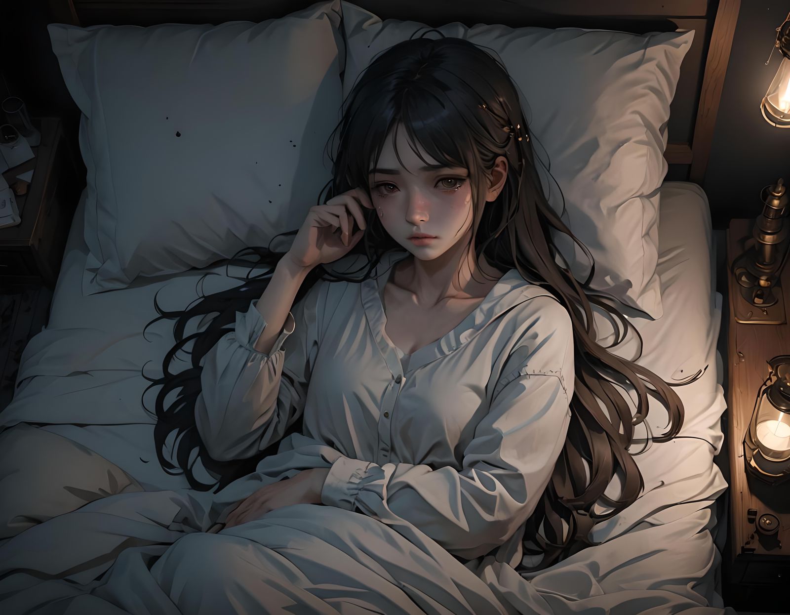 Sad Woman Crying in Bed: 3D Anime Art
