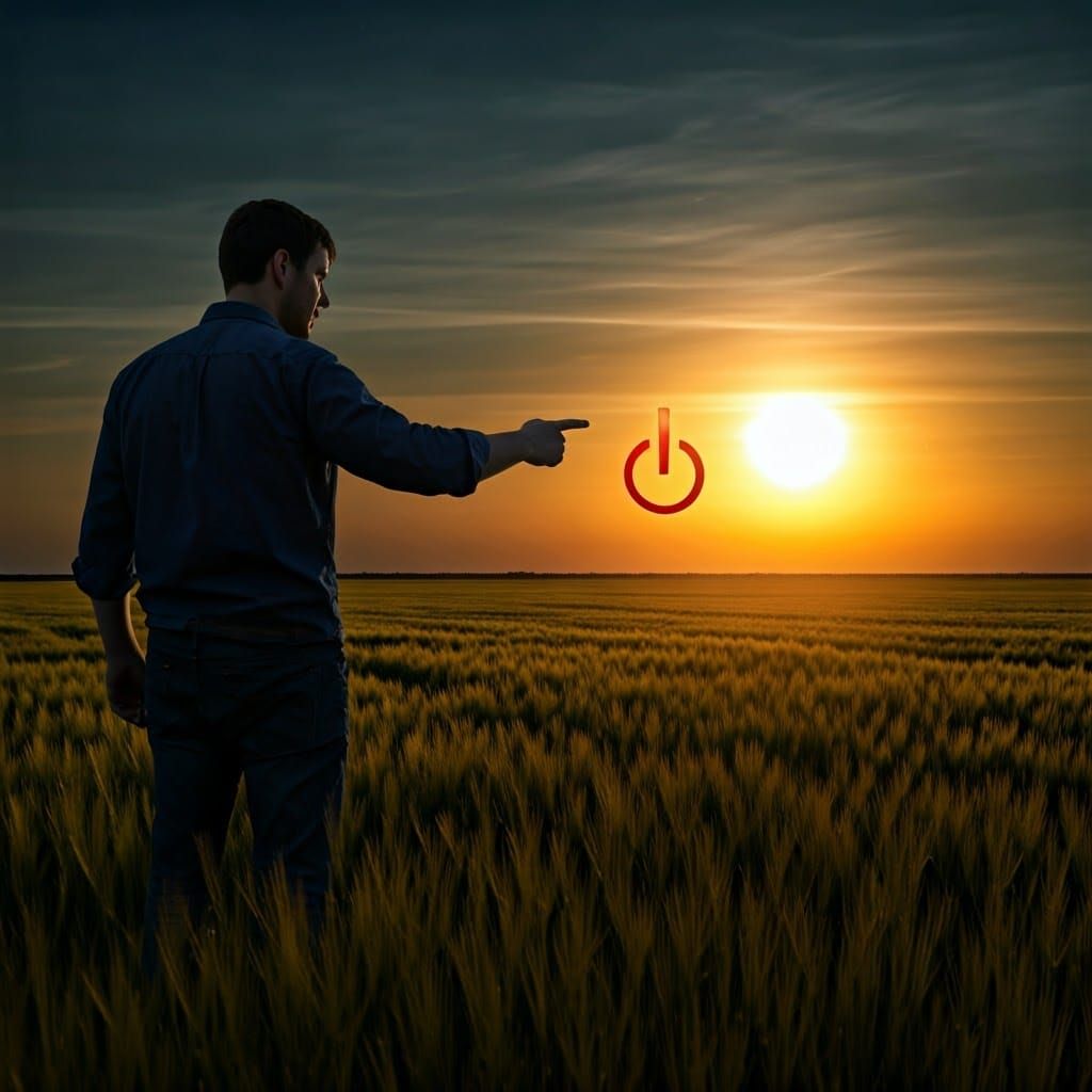 Man Silhouetted in Field, Switching Off the Sun in Hyper-Rea...