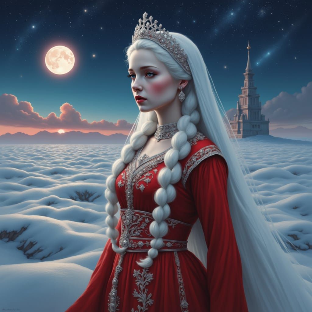 Full-Figured Tsarina in Crimson Sarafan Under Starry Tundra ...