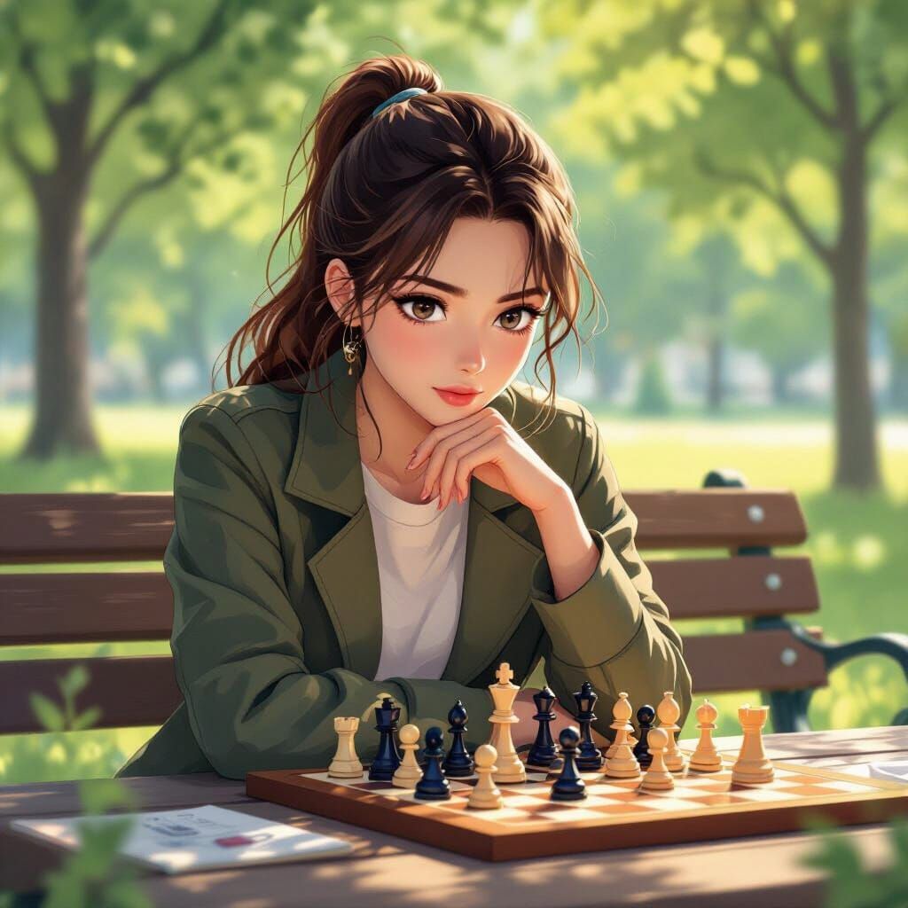 Determined Woman Studying Chess in Park