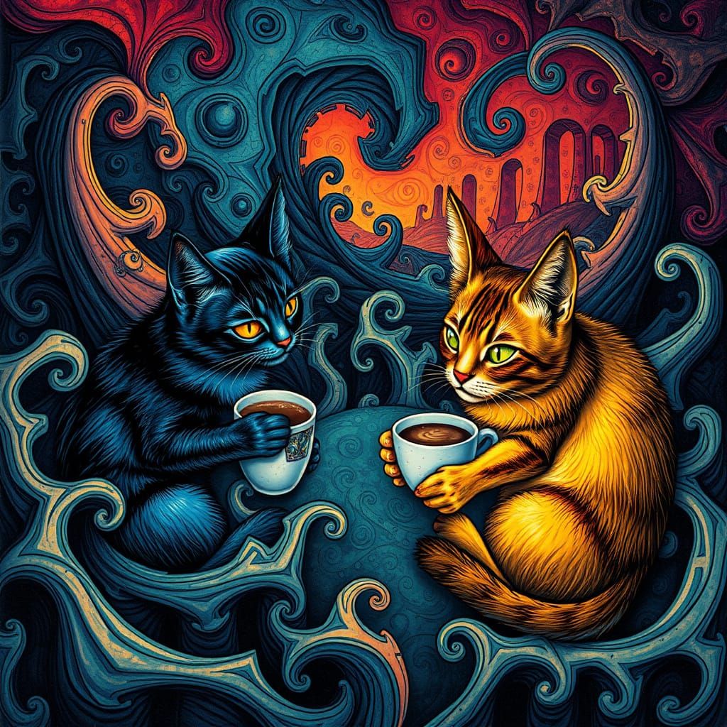 Surreal Coffee Cats Amidst Fractals in Cubist Style