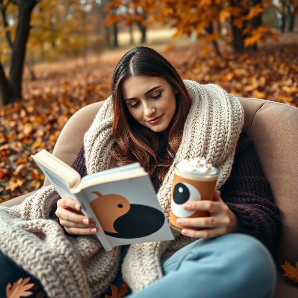 A woman cuddling up on an autumn afternoon with a book and p...