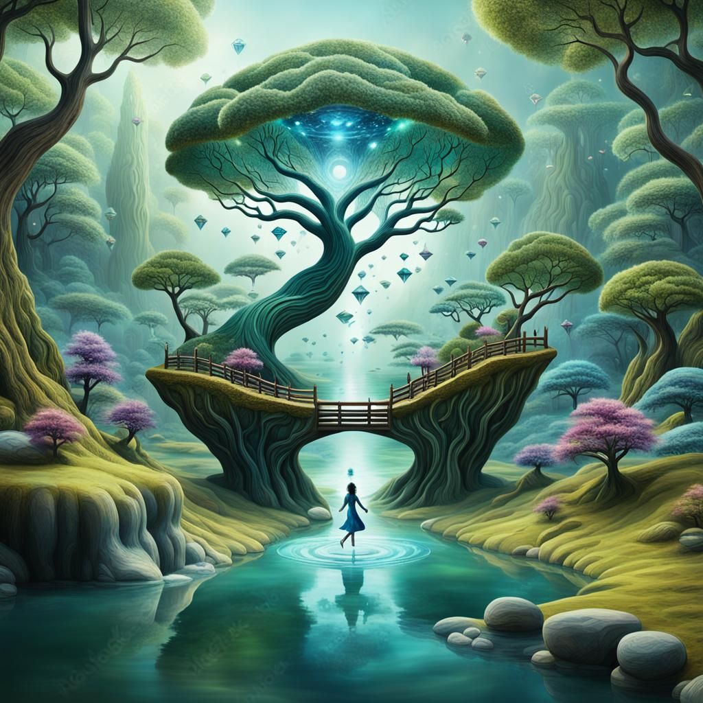 Surreal Diamond Zoom with Zen Garden and Hybrid Woman