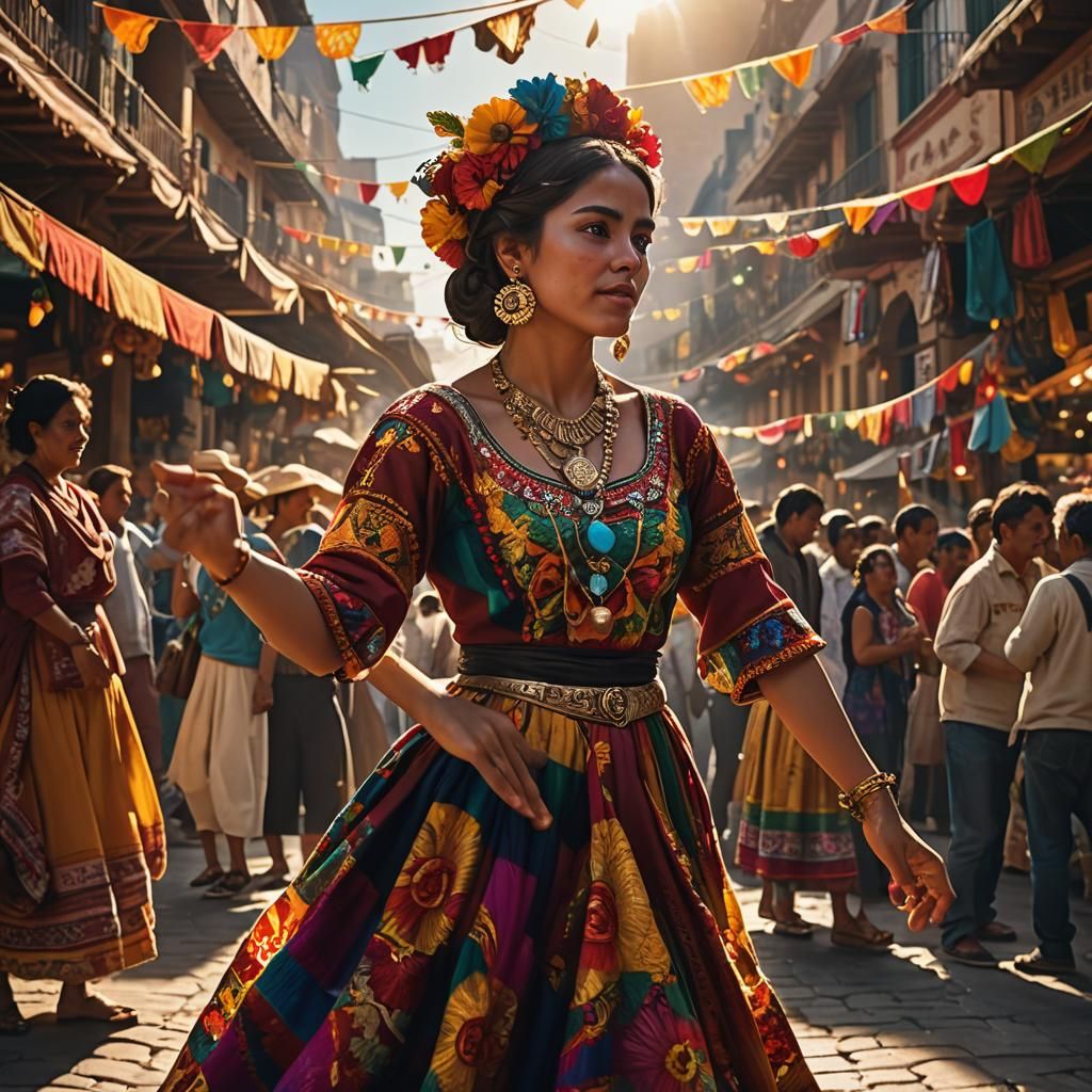 Mexican Woman Dancing in Vibrant Market Square