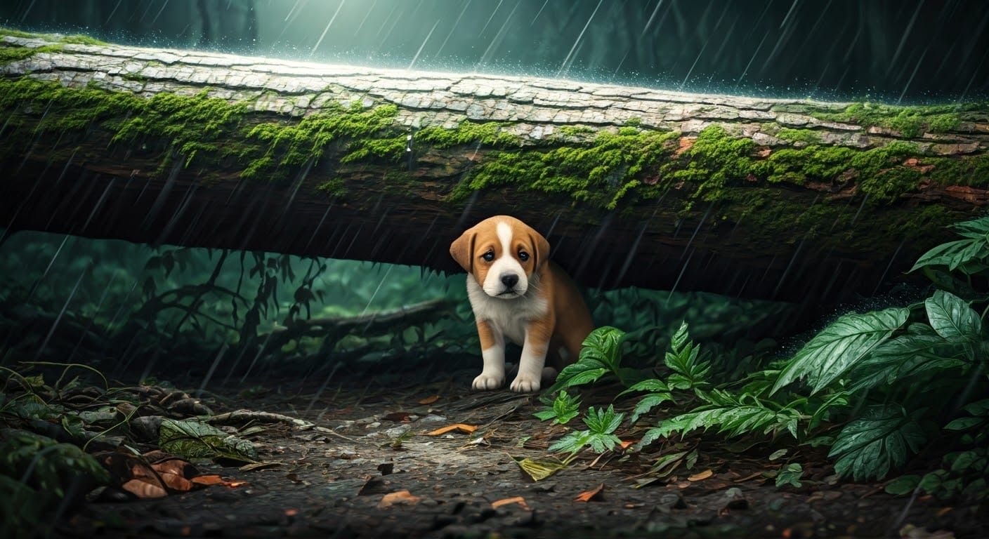 Cute Puppy Seeks Help Under Fallen Tree in Stormy Jungle Nig...