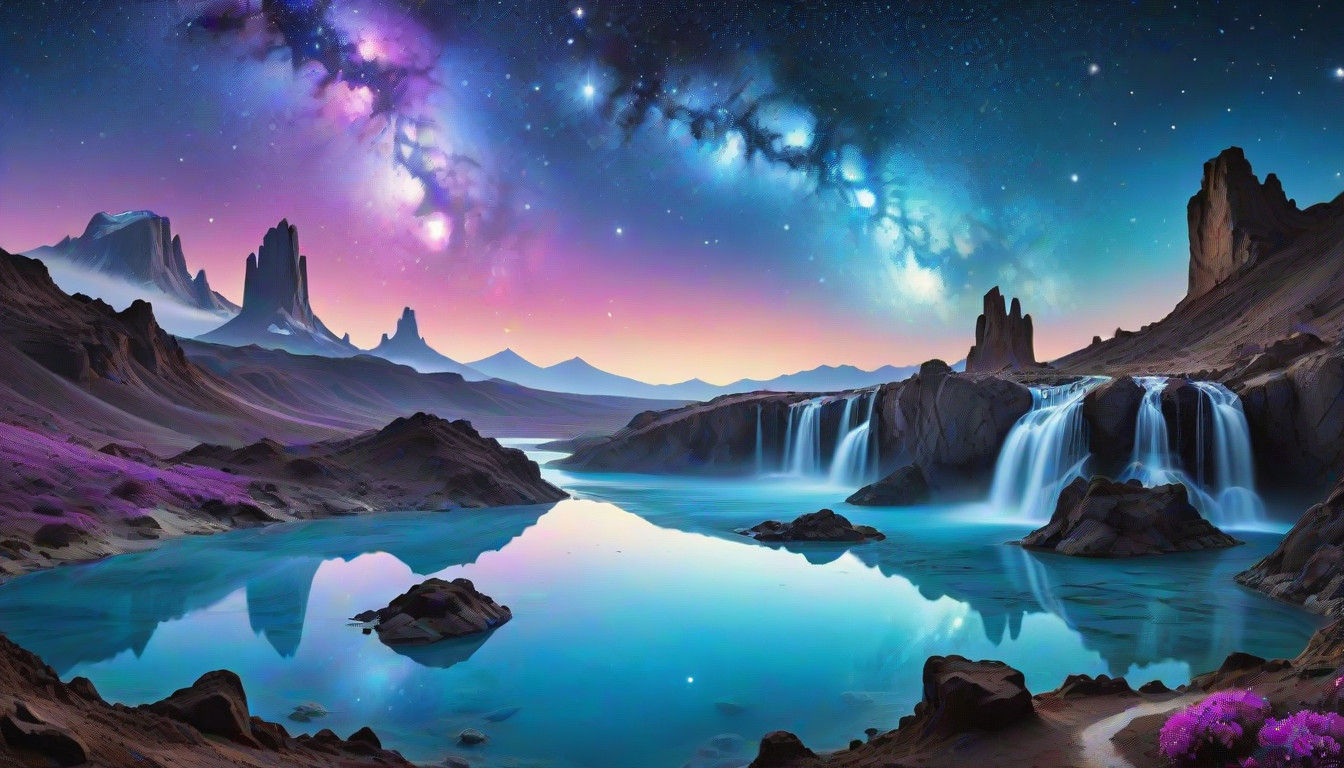 Mystical Waterfalls Blending with Celestial Bodies in Dreamy...