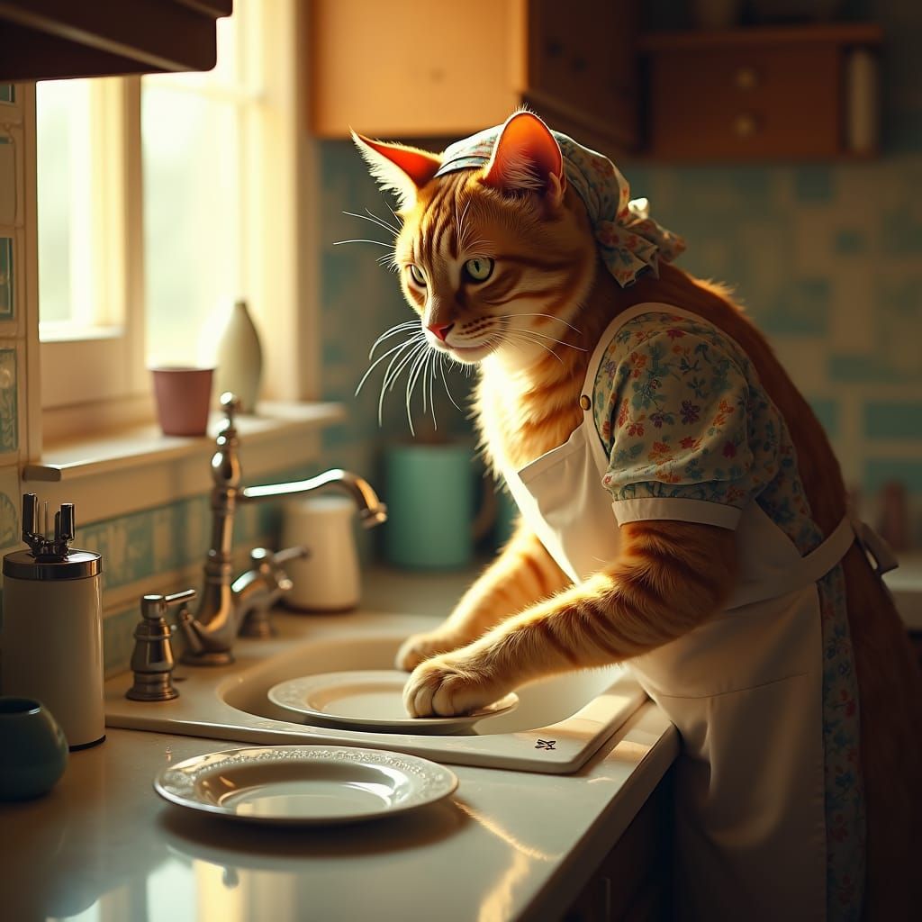 Majestic Cat in 1950s Kitchen: Hyper-Realistic Scene