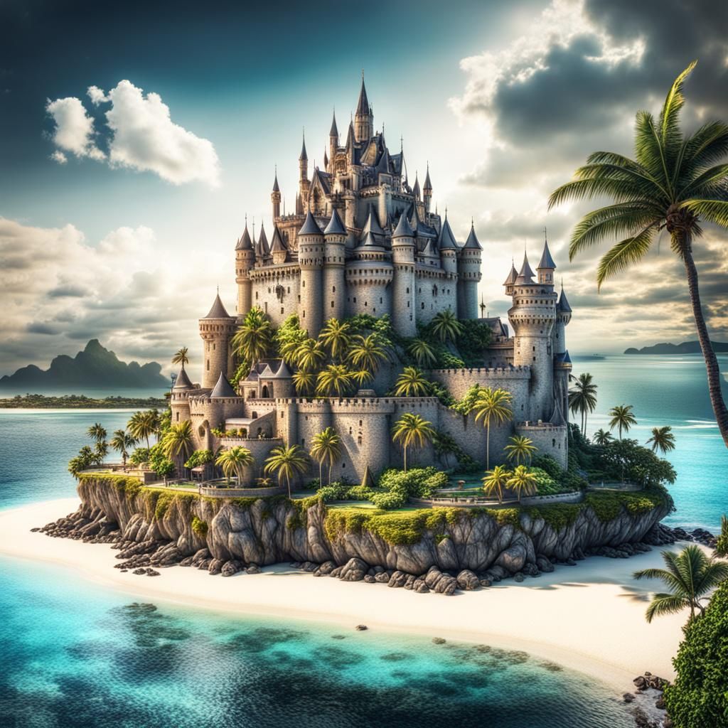 Hyperrealistic Magic Island with Castle in HDR