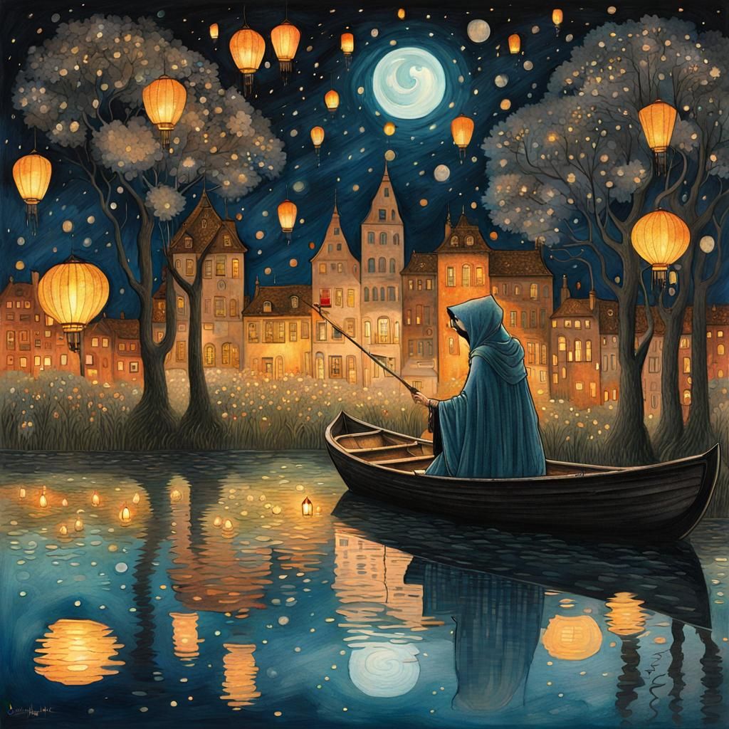 Klimt-Inspired Nightscape: Woman with Torch on Boat