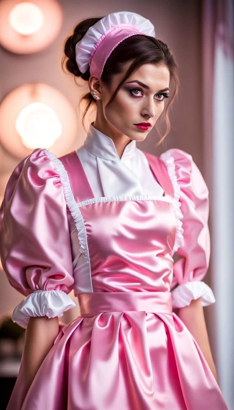 Annoyed Maid in Pink Satin Uniform