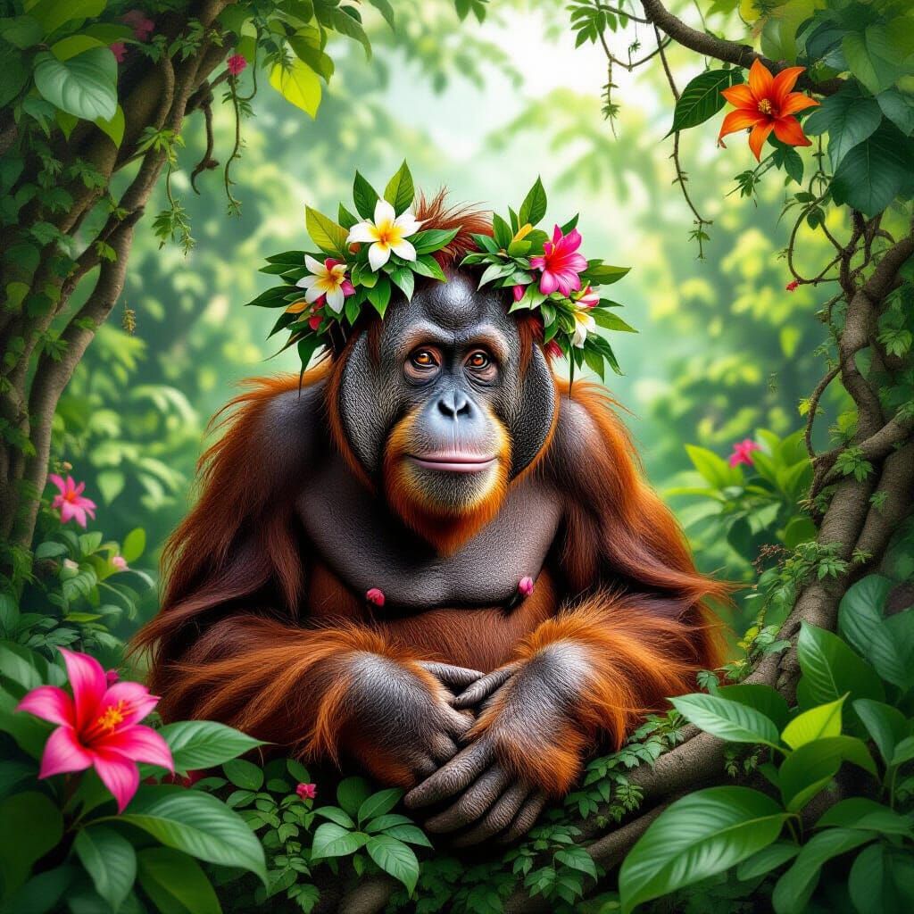 Orangutan in Tropical Jungle, Photorealistic Style