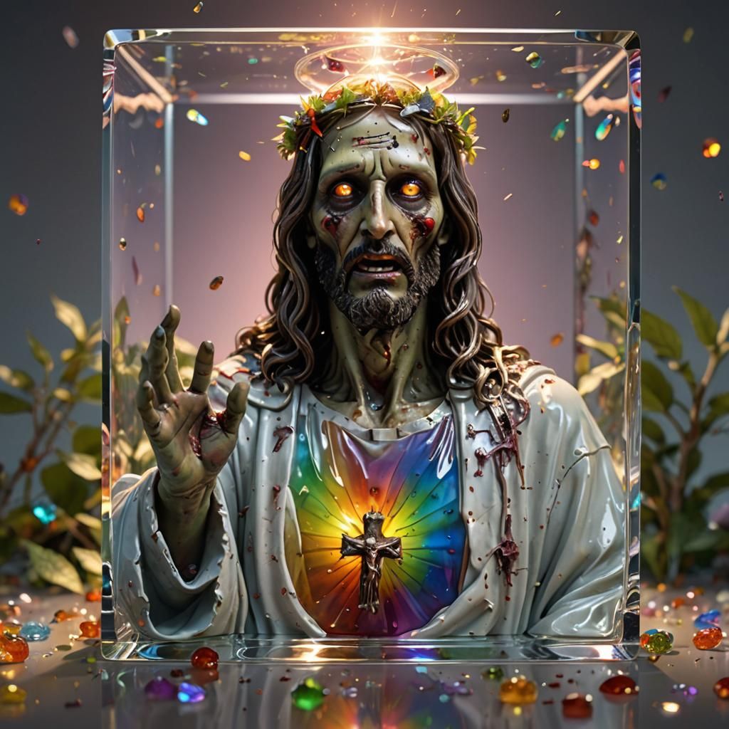 Zombie Jesus in Crystal Cube: Hyperrealistic 3D Rendering
