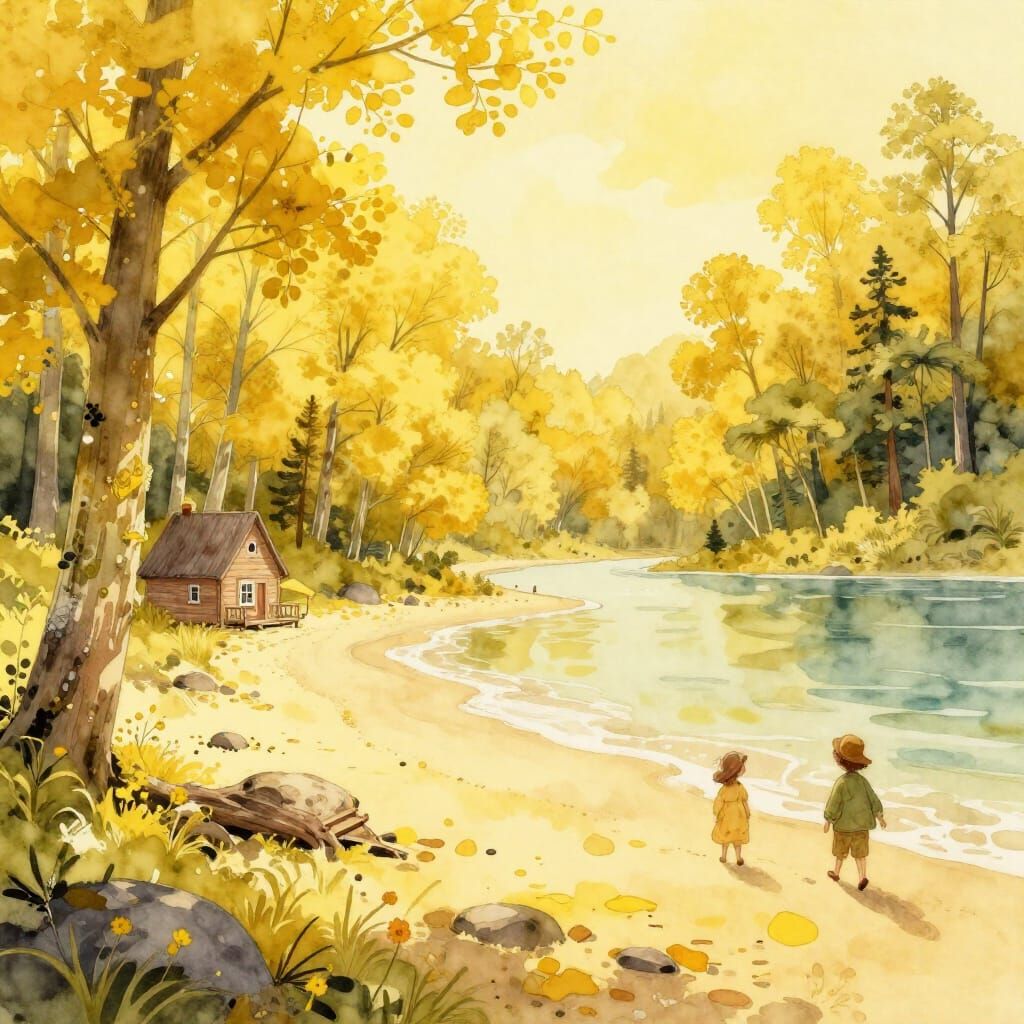 Whimsical Fantasy Beach in Vivid Yellow Tones