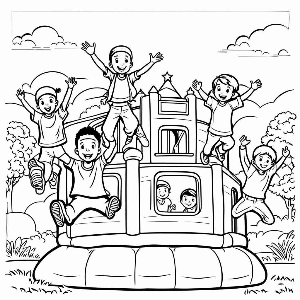Coloring Page: Kids Jumping in Bouncy House