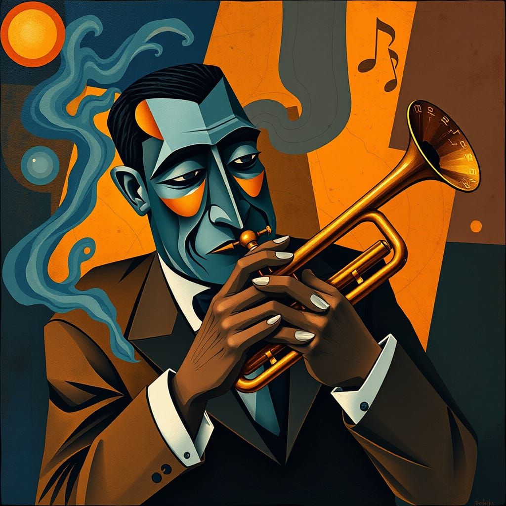 Sidney Bechet Plays Trumpet in Smoky Club, Neo-Cubist Style