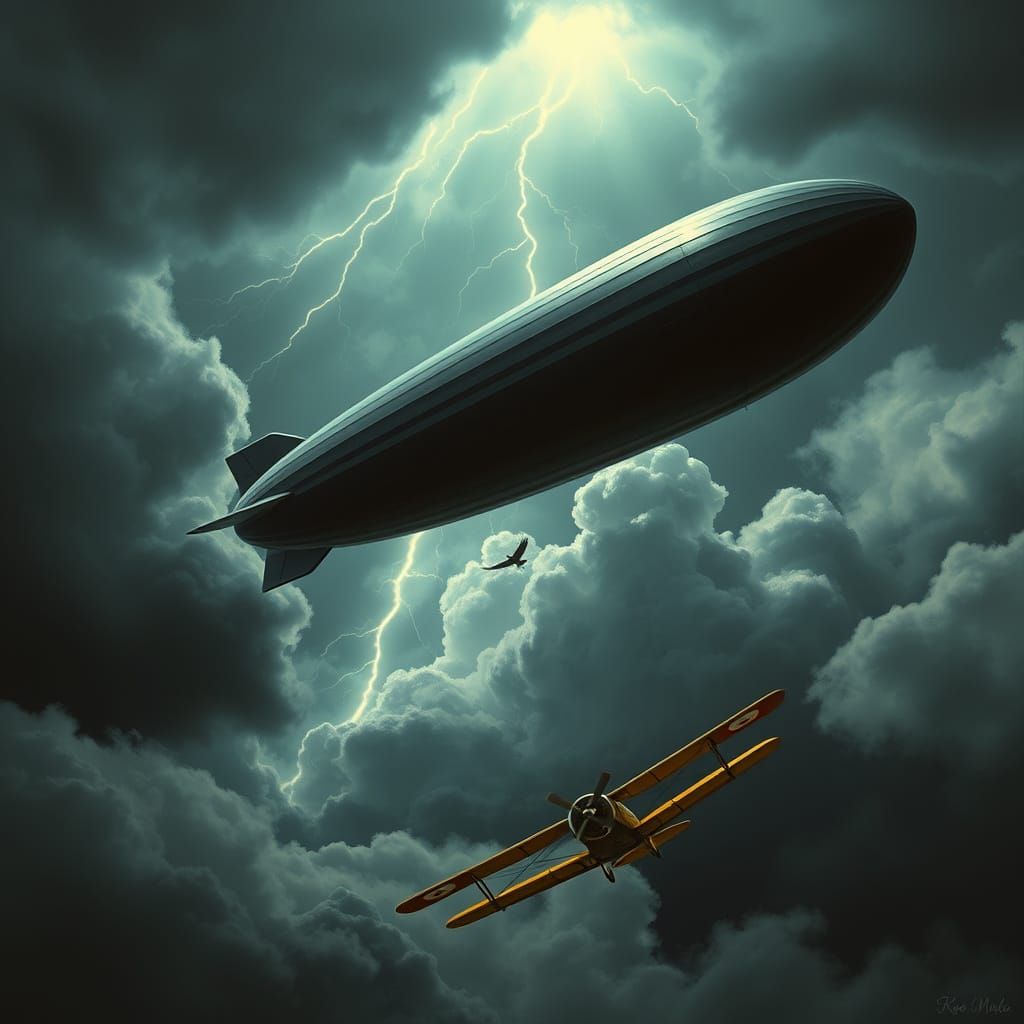 Zeppelin and Condor in Stormy Skies, Retro Sci-Fi Style
