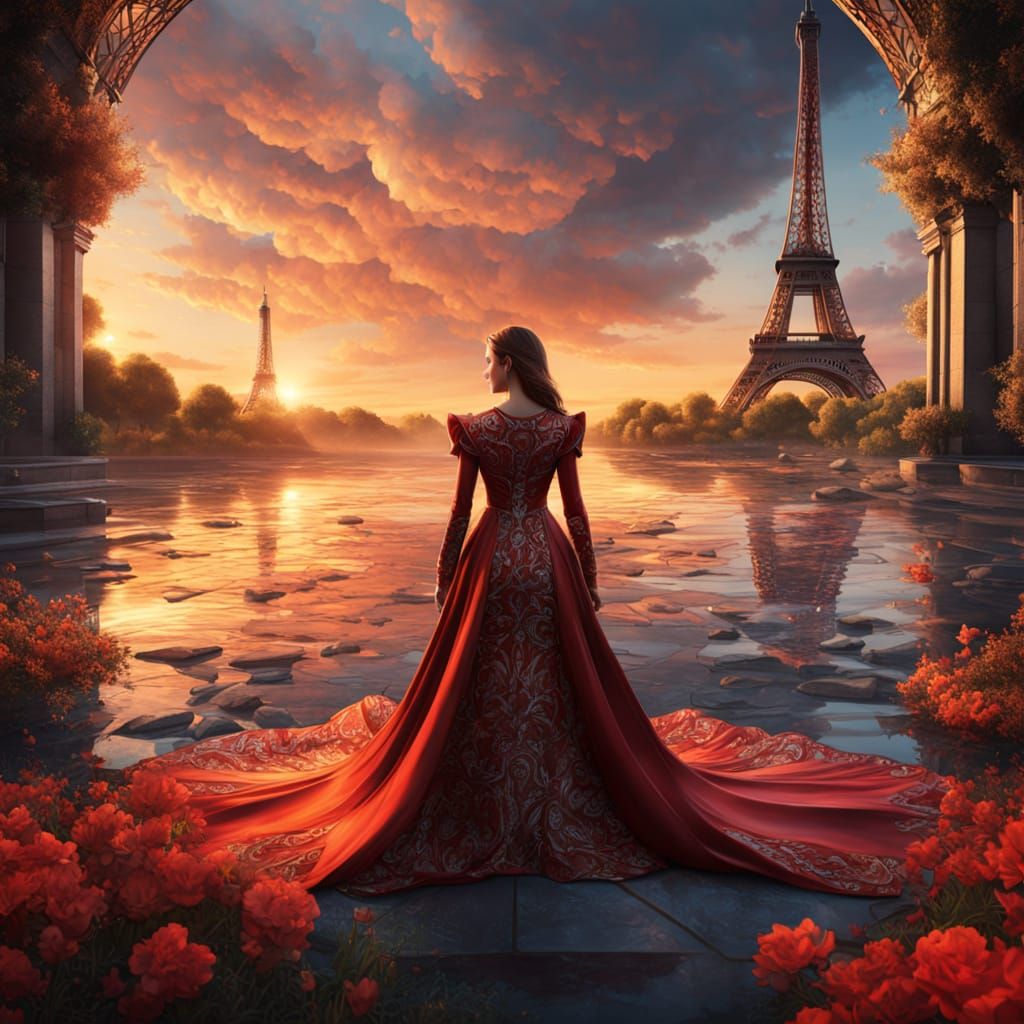 Woman in Stained Glass Dress at Eiffel Tower Sunset
