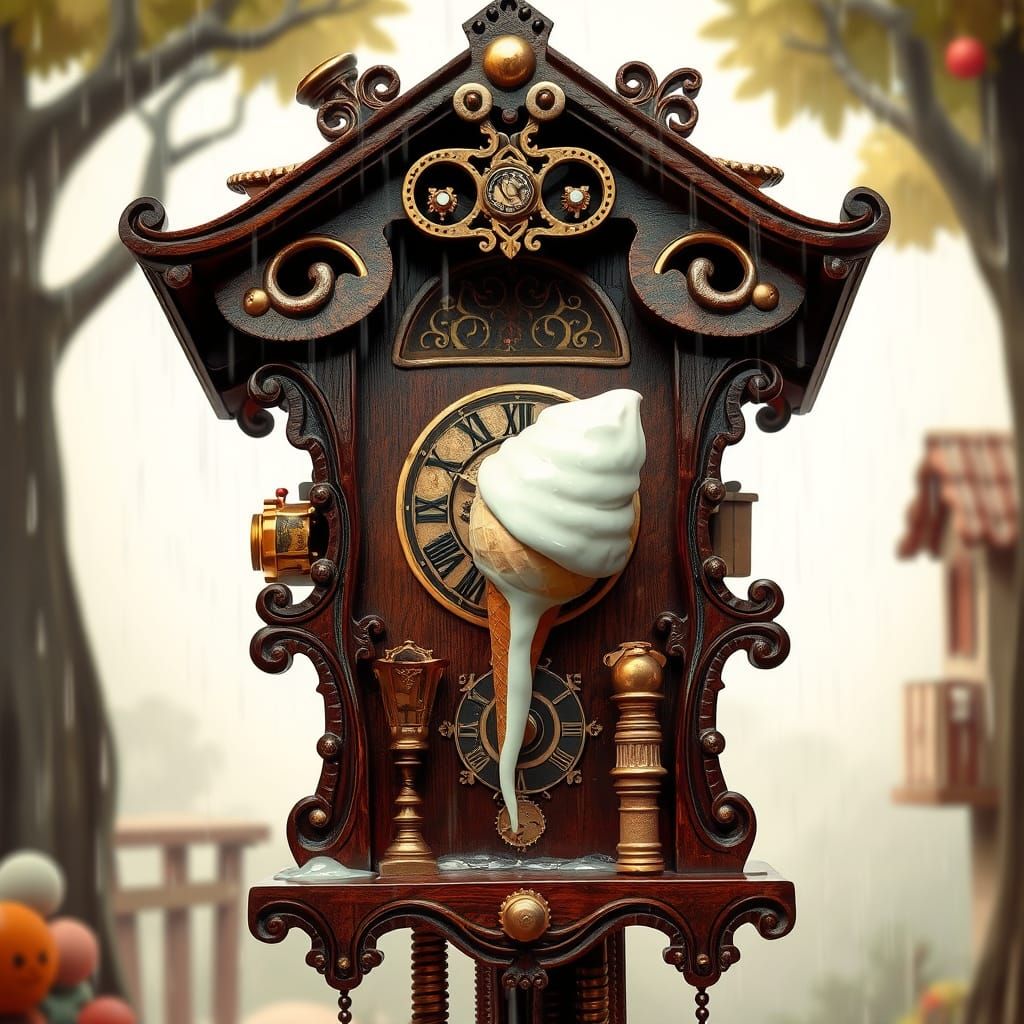 Melting Steampunk Cuckoo Clock in Dreamlike Style