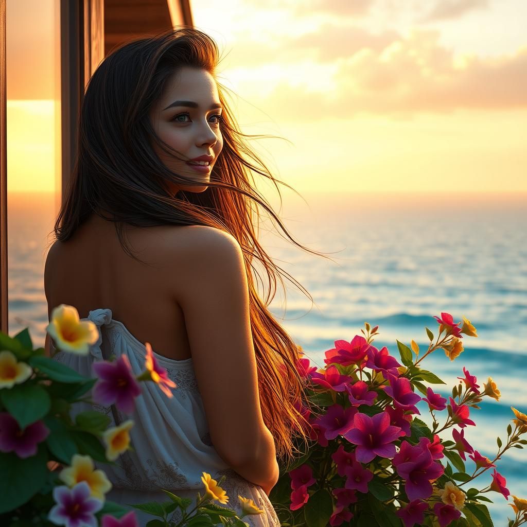 Woman Gazing at Ocean in Art Nouveau Style